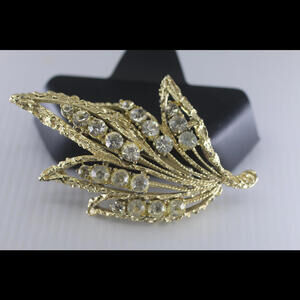 Vintage Pell Clear Rhinestone Golden Leaf Brooch Pin